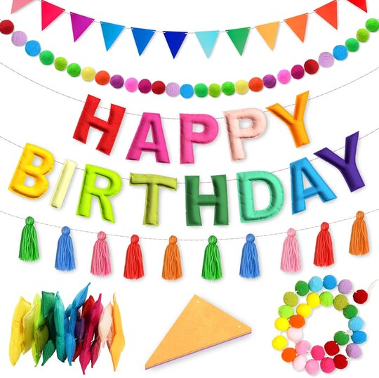 Citrus; 4-Piece Happy Birthday Banner Set | Felt Birthday Garland, Rainbow Ball Garland, Pennant Flag & Tassel Decorations for Kids, Adults, Party, Photo Backdrop & Celebration Decor; Category:Banners; Image:1